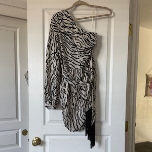 Asymmetrical One-Shoulder Zebra Print Maxi Dress in Black and White